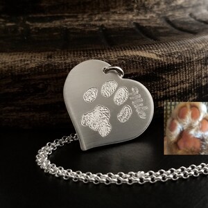 Paw Print Necklace Nose Print Personalized Heart Pendant FEEL IMPRESSION Engraved into 925 Sterling Silver Memorial Actual Pet Dog Cat Charm
