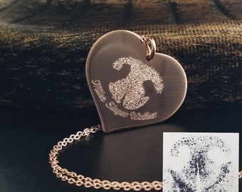 Paw Print Heart Necklace or Nose Print Pet Paw Engraved into Sterling Silver 14k Gold Filled Rose Gold Filled Personalized Memorial Necklace