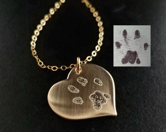 Paw Print Heart Necklace or Nose Print Pet Paw Engraved into Sterling Silver 14k Gold Filled Rose Gold Filled Personalized Memorial Necklace