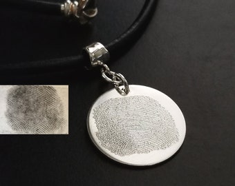 Fingerprint Leather Cord Necklace Engraved Actual Print in Sterling Silver .925 Personalized Custom or Forever Memorial Necklace 79797