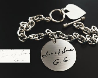 Actual Handwriting Signature Charm Bracelet Written Personalized Deep Engraved 925 Sterling Silver Memorial Pendant Toggle or Lobster Clasp