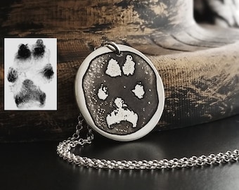 Paw Print Necklace, Deep Acid Etched Engraved in Sterling Silver, A Personalized Pet Memorial Charm Handmade