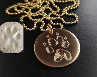 Paw Print Necklace Nose Print Personalized Pet Cat Charm Pendant FEEL IMPRESSION Engraved 14K 14/20 Gold Filled Memorial Memorial Pendant