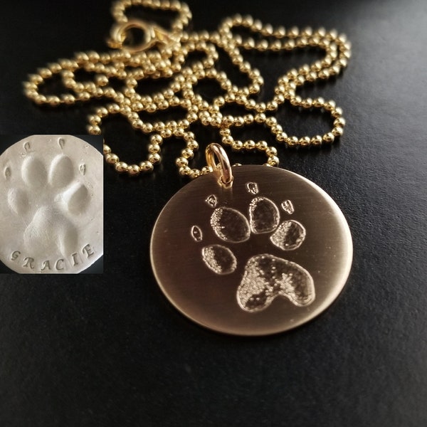 Paw Print Necklace Nose Print Personalized Pet Cat Charm Pendant FEEL IMPRESSION Engraved 14K 14/20 Gold Filled Memorial Memorial Pendant