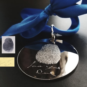 Fingerprint Ornament or Signature Handwriting, Engraved Personalized Christmas Tree Decoration with Ribbon image 1
