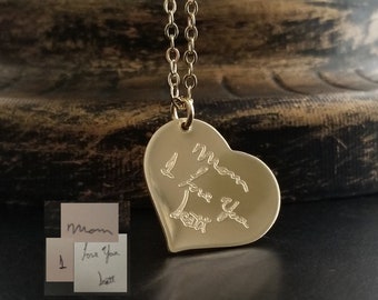 Handwriting Signature Necklace Personalized Heart Charm Pendant FEEL IMPRESSION Engraved into 14K 14/20 Memorial Loved One Memorial Pendant