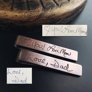 Deep Engraved Handwriting Message Clip Tie Bar .925 Sterling Silver Copper or Nu Gold Personalized Fathers Day Grooms Wedding Party Gift