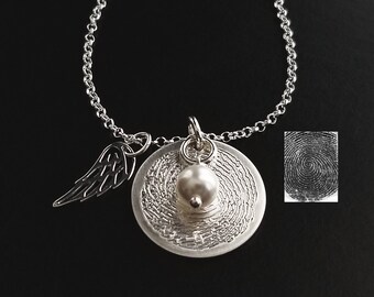 YOUR Actual Englarged Fingerprint Signature Handwriting in Sterling Silver Angel Wing Charm Personalized In Loving Memory Memorial Necklace