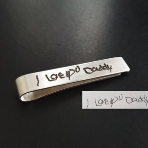 Deep Engraved Drawing or Handwriting Message Clip Tie Bar .925 Sterling Silver Copper Nu Gold Personalized Fathers Day Grooms Wedding Party