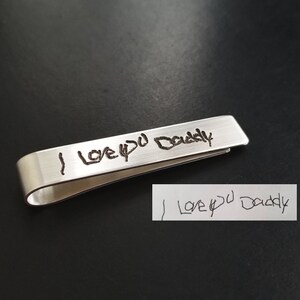 Deep Engraved Handwriting Message Clip Tie Bar .925 Sterling Silver Copper or Nu Gold Personalized Fathers Day Grooms Wedding Party Gift