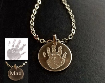 Hand Print Signature Handwriting Baby Fingerprint Engraved Sterling Silver 14k Gold Fill RoseGold Fill Personalized Memorial Necklace