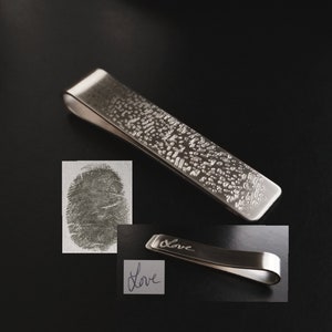 Fingerprint Clip Tie Bar .925 Sterling Silver Copper Nu Gold Engraved Handwriting Message Personalized Fathers Day Grooms Wedding Party