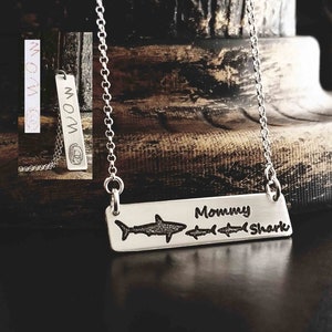 Mommy Shark Baby Shark Mama Shark Bear Necklace or Bracelet Deep Engraved Sterling Silver 14k Gold Filled Rose Gold Handwriting Drawing Back