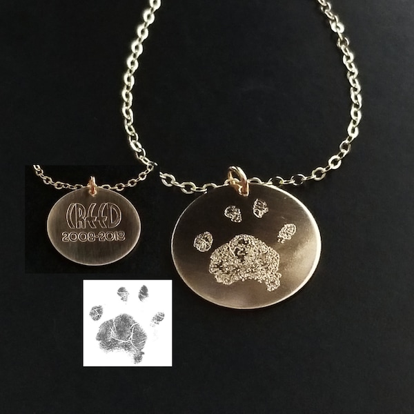 YOUR Pets Real Dog Cat Pet Paw Print CORAZÓN o REDONDO Plata esterlina .925 o 14k Gold Filled Collar personalizado personalizado para siempre Memorial