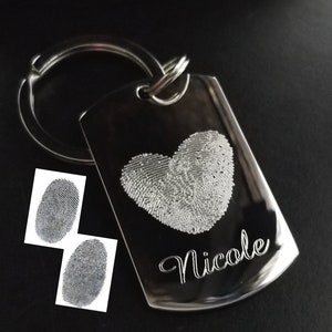 Doble huella digital Forma de corazón Huellas dactilares Llavero DOGTAG Dog Tag Llavero Personalizado Seres queridos Huella digital en memoria de