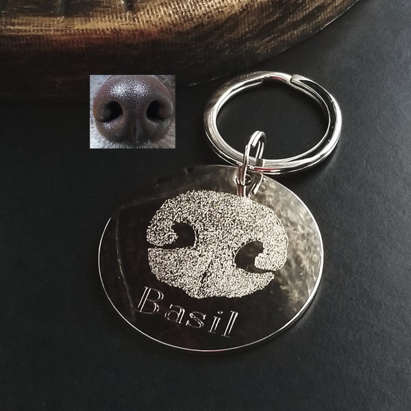 Nose Print Keychain Rhodium Pets Actual Print Personalize Add Paw Name Nicknames Verse Dates Great for a Memorial Loss of Pet Gift