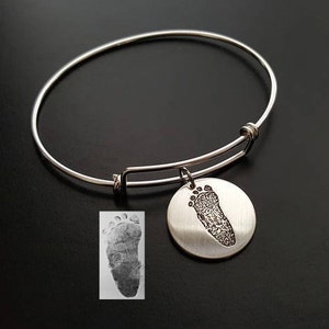 Footprint Bracelet, Footprint Bangle, Footprint Memorial Bracelet, Baby Footprint, Hand Print, Paw Print, Foot Bracelet, Sterling Silver image 2