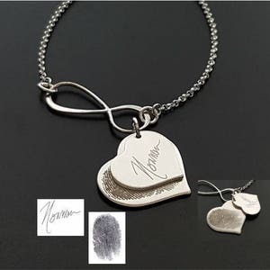 YOUR Actual Exact Replica Signature Handwriting Fingerprint Hand Print Foot Print .925 Sterling Silver Double HEART & INFINITY Necklace