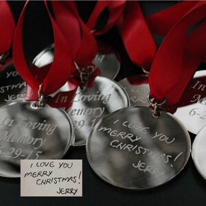 Fingerprint Ornament or Signature Handwriting, Engraved Personalized Christmas Tree Decoration with Ribbon image 6