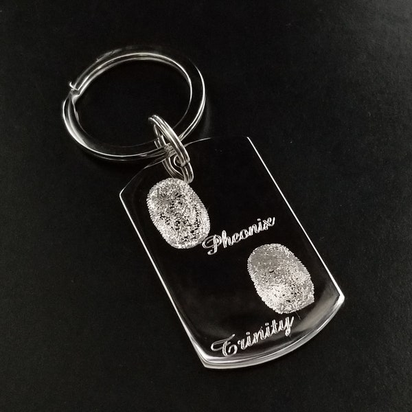 Childs Fingerprints Keychain Solid Stainless Steel Add Names Artwork or Exact Drawing Great Mothers Day & Fathers Day Gifts