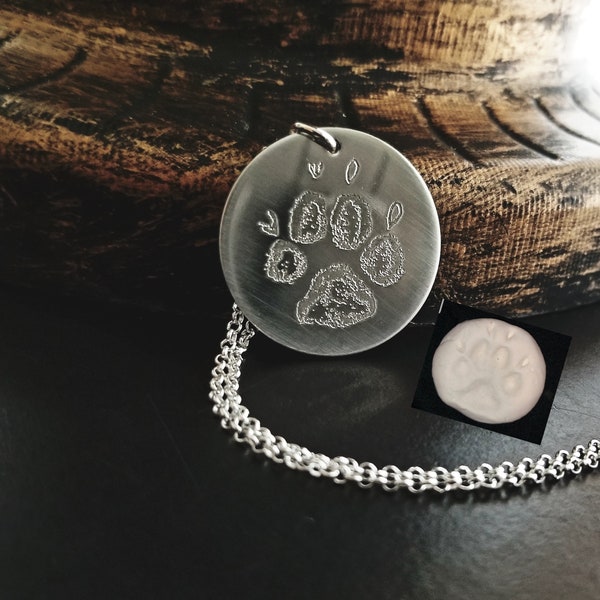 Paw Print Necklace Nose Print Personalized Pendant FEEL IMPRESSION Engraved into .925 Sterling Silver Memorial Actual Pet Dog Cat Charm