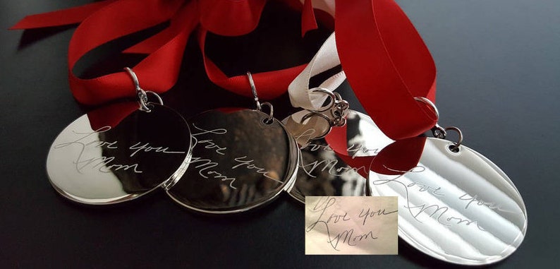 Fingerprint Ornament or Signature Handwriting, Engraved Personalized Christmas Tree Decoration with Ribbon image 5