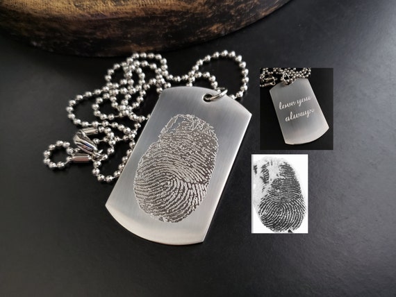 Signature Handwriting Fingerprint Engraved Matte Stainless Steel Dogtag Necklace OR Keychain FEEL IMPRESSION Personalized Memorial Loved One