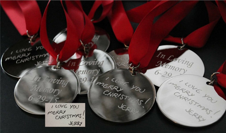 Fingerprint Ornament or Signature Handwriting, Engraved Personalized Christmas Tree Decoration with Ribbon image 6