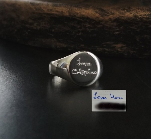 Actual Handwriting Ring 11x9mm oval Loved Ones Signature or Fingerprint or Footprint Hand Memorial Signet Sterling Silver .925 Personalized