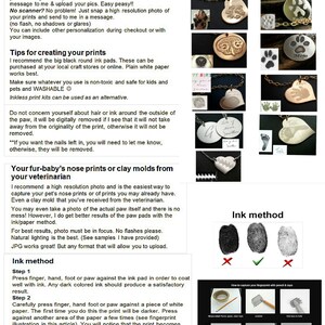 May include: Instructions on how to submit paw prints, nose prints, and fingerprints for a custom piece of jewelry. The instructions include tips for creating prints using ink pads, clay molds, and photographs. The image also shows examples of finished jewelry pieces with paw prints.