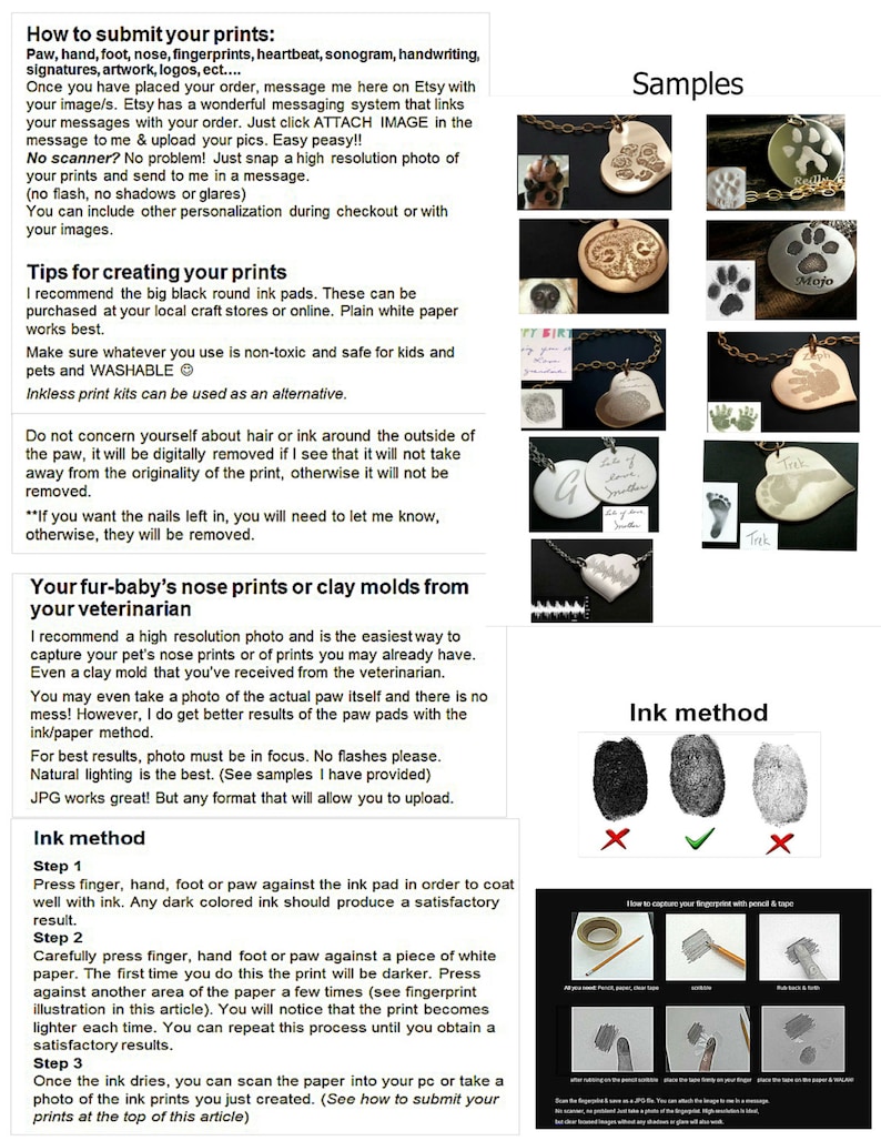 May include: Instructions on how to submit paw prints, nose prints, and fingerprints for a custom piece of jewelry. The instructions include tips for creating prints using ink pads, clay molds, and photographs. The image also shows examples of finished jewelry pieces with paw prints.