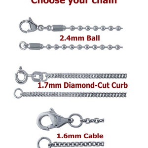 May include: Three different types of silver chains with clasps. The chains are labeled 2.4mm Ball, 1.7mm Diamond-Cut Curb, and 1.6mm Cable.