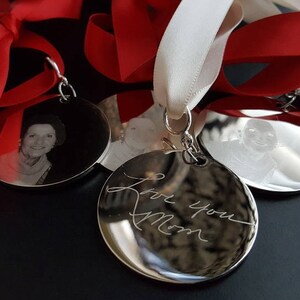 Fingerprint Ornament or Signature Handwriting, Engraved Personalized Christmas Tree Decoration with Ribbon image 3