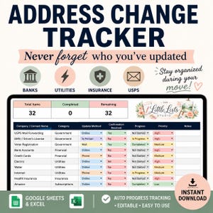 Address Change Tracker Spreadsheet | Moving Checklist | Google Sheets & Excel Organizer