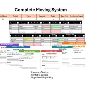 May include: A detailed moving system chart with sections for box numbers, categories, and item descriptions. Includes labels for various rooms and the text "Complete Moving System," "Inventory Tracker," and "Printable Labels."