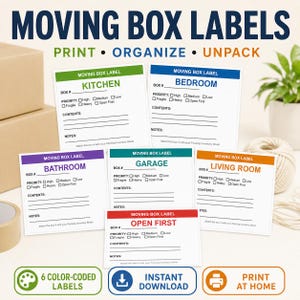 Könnte beinhalten: Ein Set aus sechs farbcodierten Umzugskarton-Etiketten mit Textfeldern für Kartonnummer, Priorität, Inhalt und Notizen. Die Etiketten sind mit Kitchen, Bedroom, Bathroom, Garage, Living Room und Open First beschriftet und haben Checkboxen.