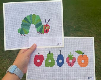The Very Hungry Caterpillar Needlepoint Canvas + Fruit Option Hand Painted 13 Mesh and 18 Mesh