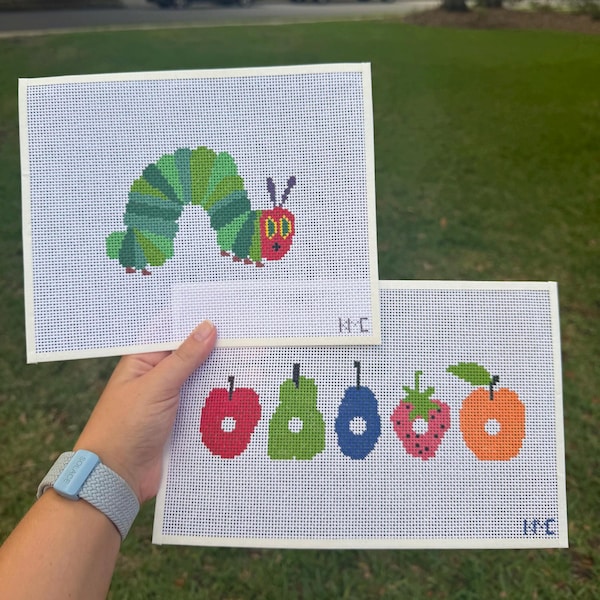Tela ricamata a punto croce con motivo a bruco + opzione frutta, dipinta a mano, 13 maglie e 18 maglie