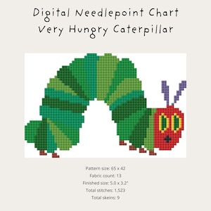 May include: Digital needlepoint chart of the Very Hungry Caterpillar. The image displays a vibrant caterpillar in green, red, and yellow. The pattern size is 65 x 42, with a finished size of 12.7 x 8.1 cm. Total stitches: 1,523.