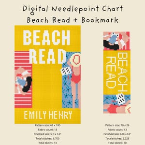 May include: Digital needlepoint chart for "Beach Read + Bookmark". The design features a yellow background with the words "BEACH READ" in white. The design includes a bookmark version. The finished size is 5.1 x 7.6 inches.