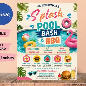 May include: A colorful invitation for a pool bash and BBQ, featuring a pool, inflatable flamingo, and beach ball. The text reads "Splash Pool Bash & BBQ" with event details, including the date, time, and location. The invitation is 8.5x11 inches.