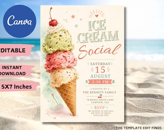 May include: A 5x7 inch invitation card featuring a watercolor illustration of a triple-scoop ice cream cone with a cherry on top. The text reads ICE CREAM Social, Saturday 15 August, 2:30 PM, hosted by The Bennett Family, 78 Maple Grove Lane, Fairview, USA.