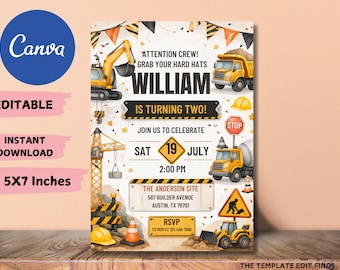 May include: A construction-themed birthday invitation with a yellow and orange color scheme. The invitation features construction vehicles, safety cones, and the text "Attention Crew!" and "William is turning two!" The invitation is 5x7 inches.