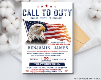 Duty Calls Deployment Invitation, Printable Digital US Army, Going Away Soldier Invite, Retirement Party, American Flag BBQ Editable Invite