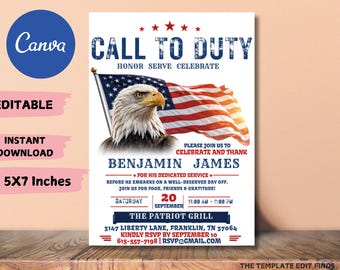 Duty Calls Deployment Invitation, Printable Digital US Army, Going Away Soldier Invite, Retirement Party, American Flag BBQ Editable Invite