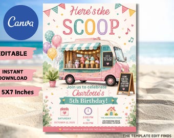 May include: A 5x7 inch birthday invitation template featuring a pastel pink and teal ice cream truck with colorful balloons, bunting, and floral accents. Text includes Here's the SCOOP, Charlotte's 5th Birthday, and event details on a cream background.