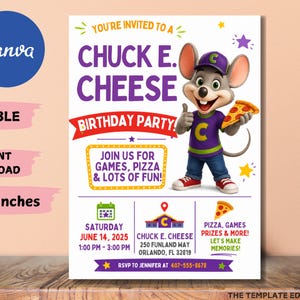 May include: A rectangular birthday party invitation featuring the character Chuck E. Cheese holding a slice of pizza. The text includes "You're invited to a Chuck E. Cheese Birthday Party!", event details for June 14, 2025, and an RSVP phone number.