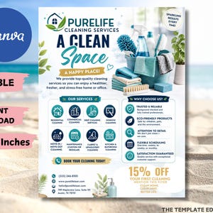 May include: An 8.5x11 inch editable flyer template for Purelife Cleaning Services featuring a blue bucket filled with cleaning supplies, cloths, and brushes. The text includes A Clean Space, A Happy Place, Our Services, Why Choose Us, and 15% off.