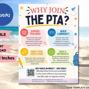 Puede incluir: Un folleto de 21,59x27,94 cm titulado WHY JOIN THE PTA? con cuatro secciones coloridas, iconos y texto: Support Teachers, Build Community, Make Your Voice Count y Make a Difference. Incluye código QR, correo electrónico y dirección.