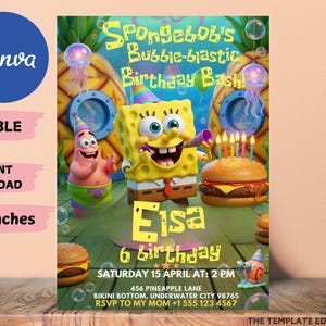 May include: A colorful 5x7 inch birthday invitation featuring SpongeBob SquarePants, Patrick Star, and a burger with lit candles. The invitation includes the text "SpongeBob's Bubble-blastic Birthday Bash!" and details for Eisa's 6th birthday.